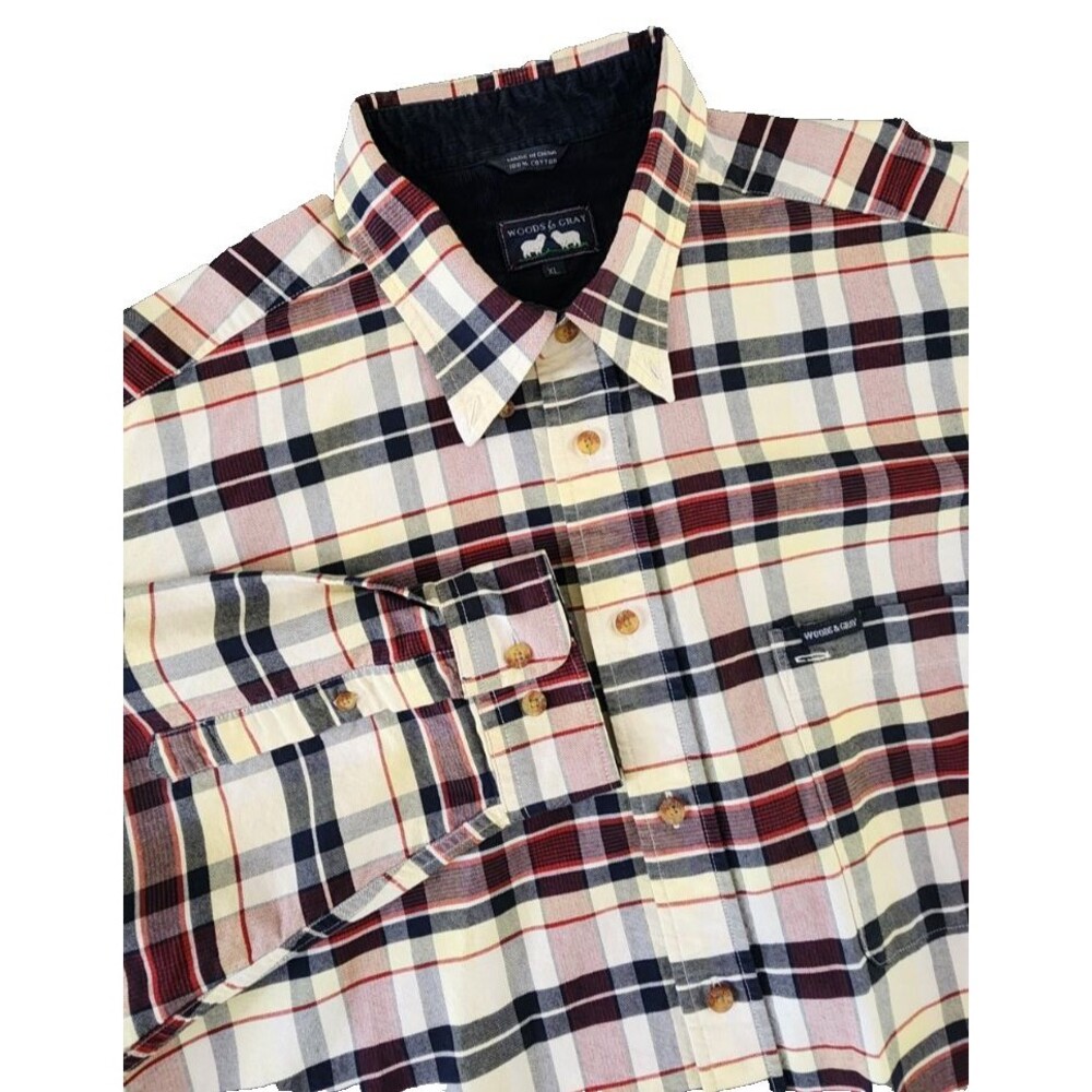 Woods and Gray  Button Down Shirt Men's XL Plaid Red Blue Cotton Long Sleeve